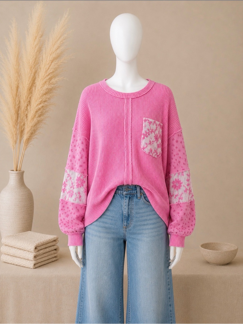 🩷🌸 Easel Waffle Knit Floral Lace Patchwork Top 🌸🩷